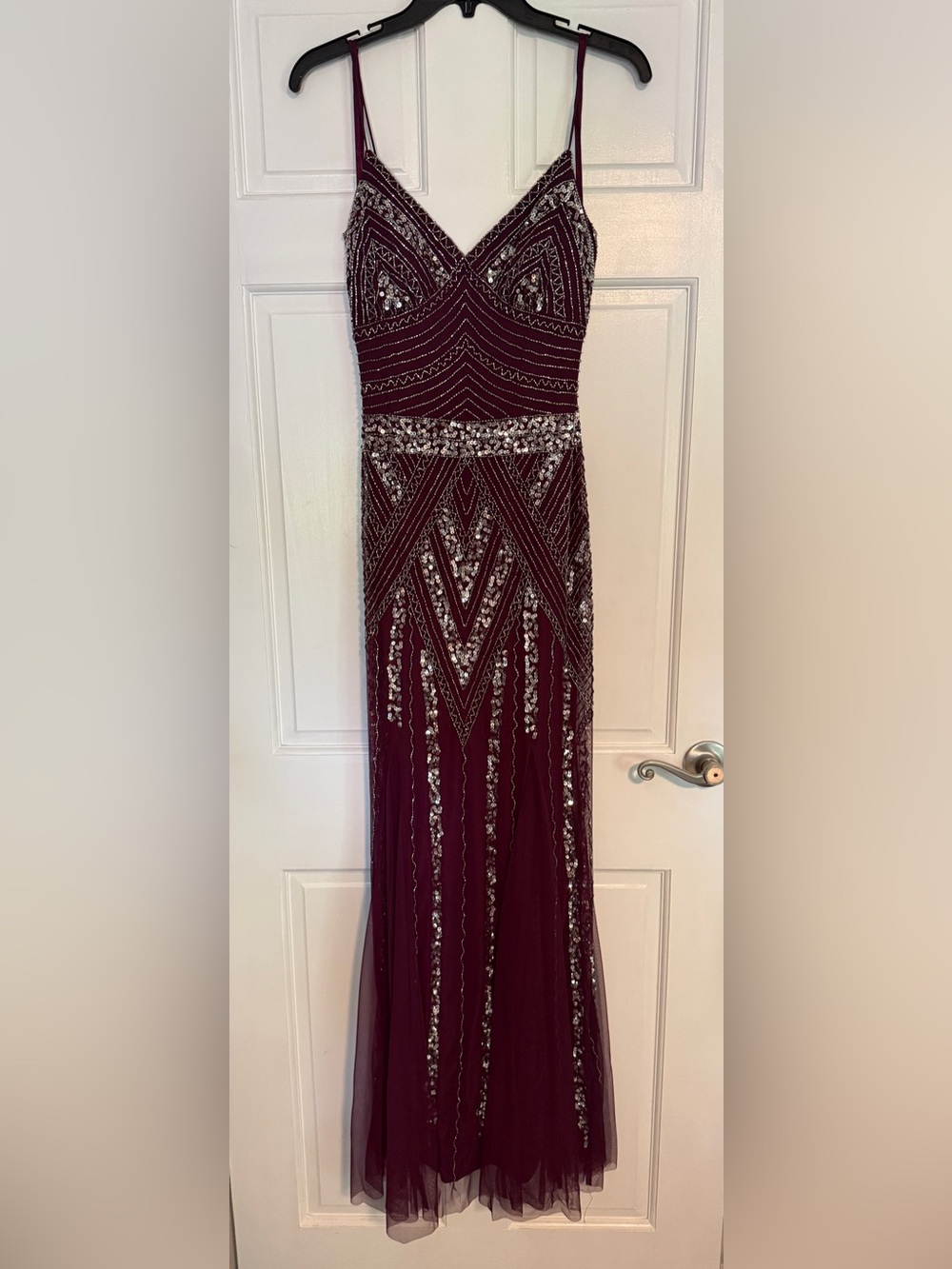 Jump Burgundy Beaded Spaghetti-Strap Evening Gown